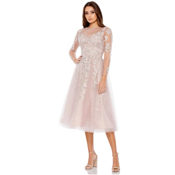 MAC DUGGAL DRESS long illusion sleeve plunging tea-length.